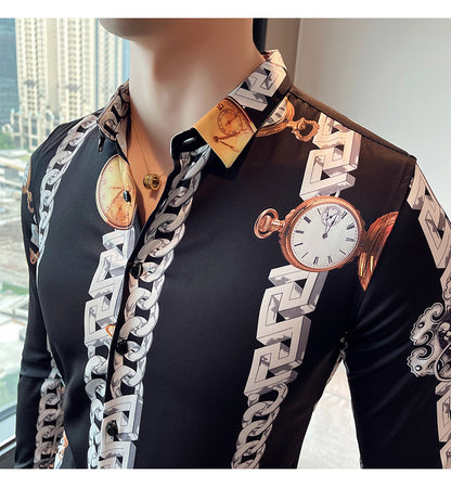 Men British Casual Printed Long Sleeve Lapel Top