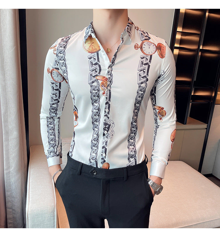 Men British Casual Printed Long Sleeve Lapel Top