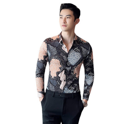 Men Casual Abstract Printed Long-Sleeved Lapel Black Shirt