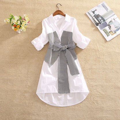 Female Plaid Stitching Shirt Skirt Waist Is Thinner And Bow Knot Asymmetrical Dress