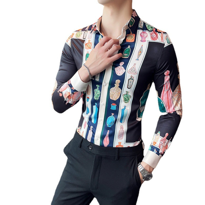 Men Digital Printed Blue Casual Long Sleeve Lapel Shirt