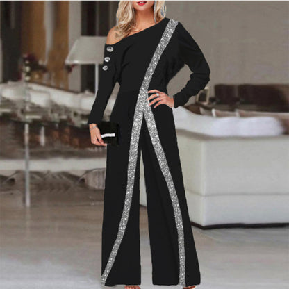 Fashion European And American Wide Leg Pants Long Sleeved Jumpsuit