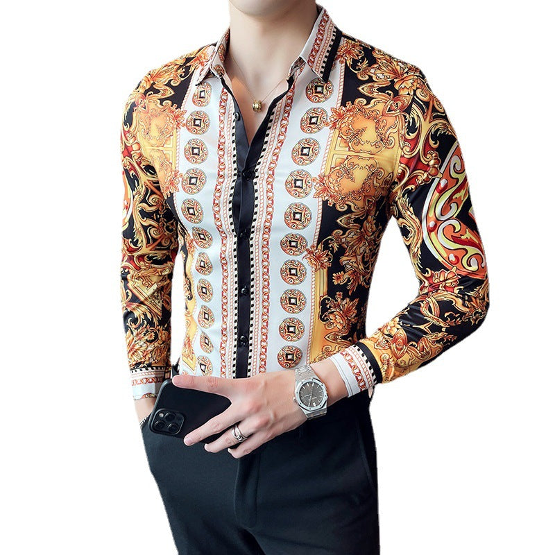 Men Gold Printed Long Sleeve Lapel Shirt