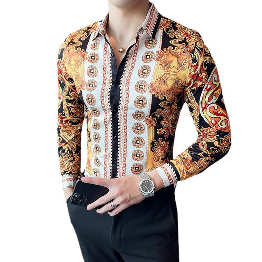 Men Gold Printed Long Sleeve Lapel Shirt