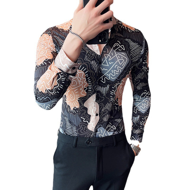 Men Casual Abstract Printed Long-Sleeved Lapel Black Shirt