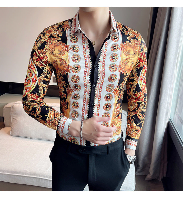 Men Gold Printed Long Sleeve Lapel Shirt