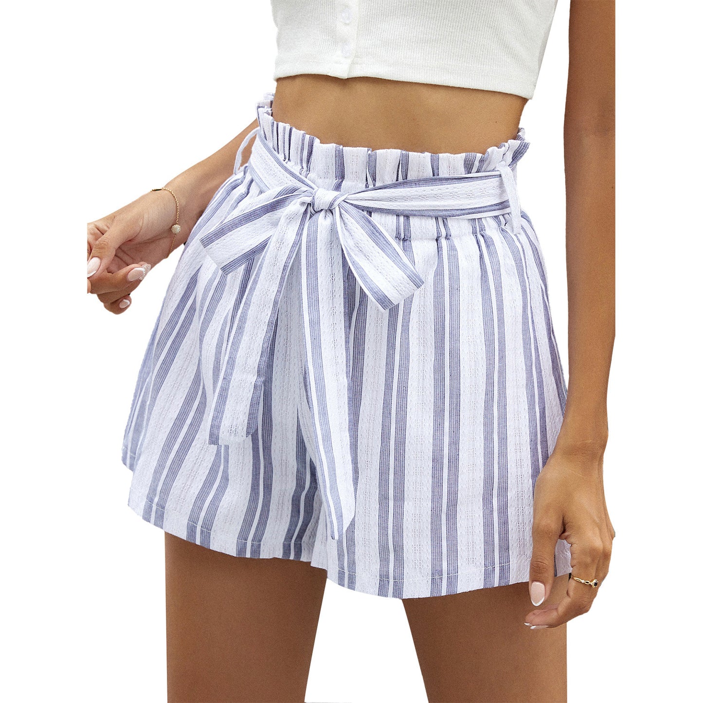 Women's Pants High Waist Belted Striped Wide Leg Shorts