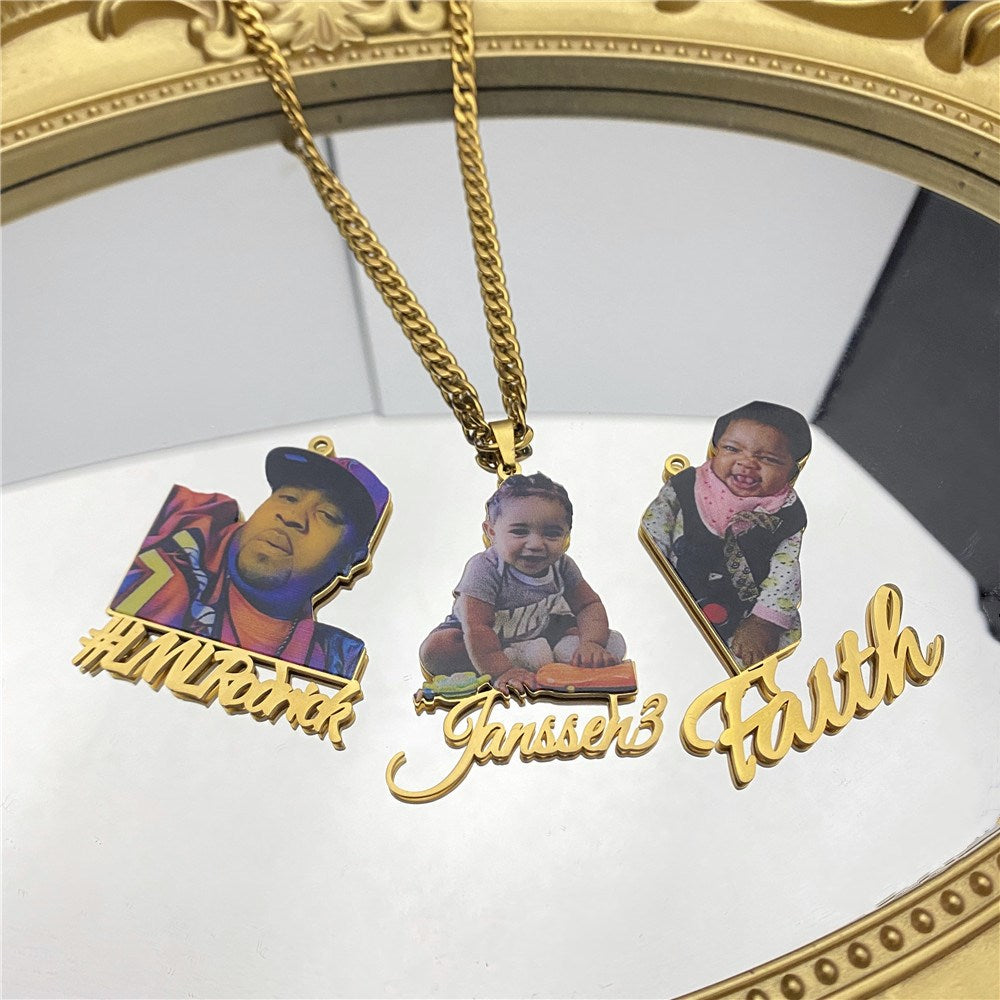 Frosted Portrait Photo Name Necklace Children