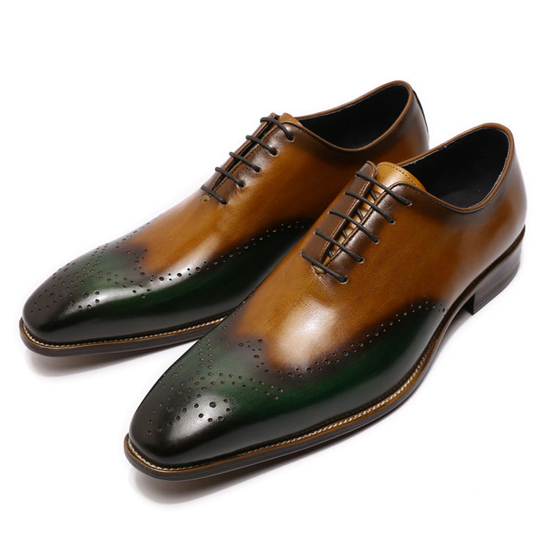 Carved Hand-cut Color Matching Wingtip Oxford Leather Shoes