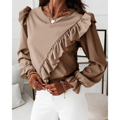 Patchwork Flared Sleeve Ruffle Long Sleeve Blouse Blouse