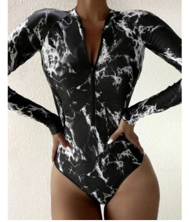 Floral Print Long Sleeve Zip Surfing Suit Zipper One-Piece Swimsuit