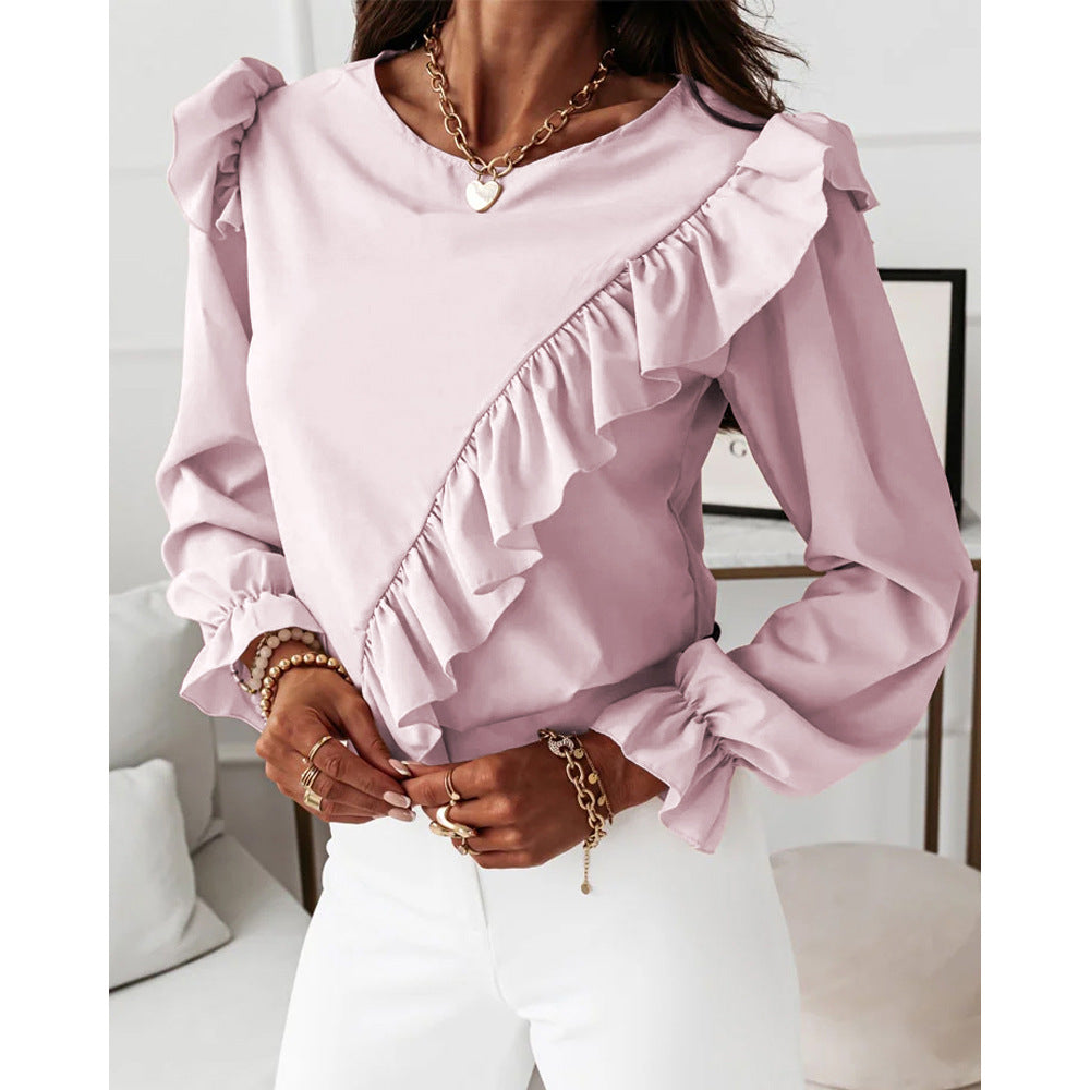 Patchwork Flared Sleeve Ruffle Long Sleeve Blouse Blouse