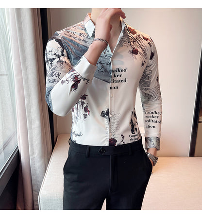 Men Floral Long Sleeve Lapel Collar Casual Printed Shirt