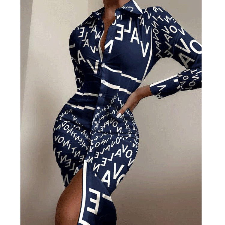 Fashion Printed Sexy Waist Slimming Shirt Dress