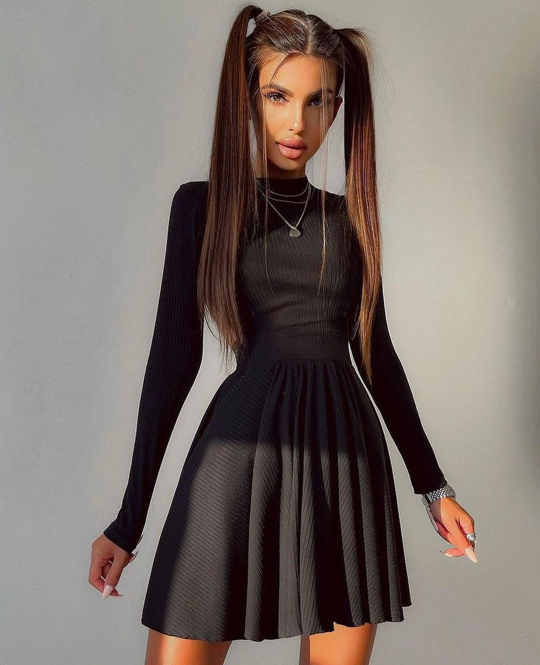 Back Hollow A-line Skirt Long Sleeve Dress