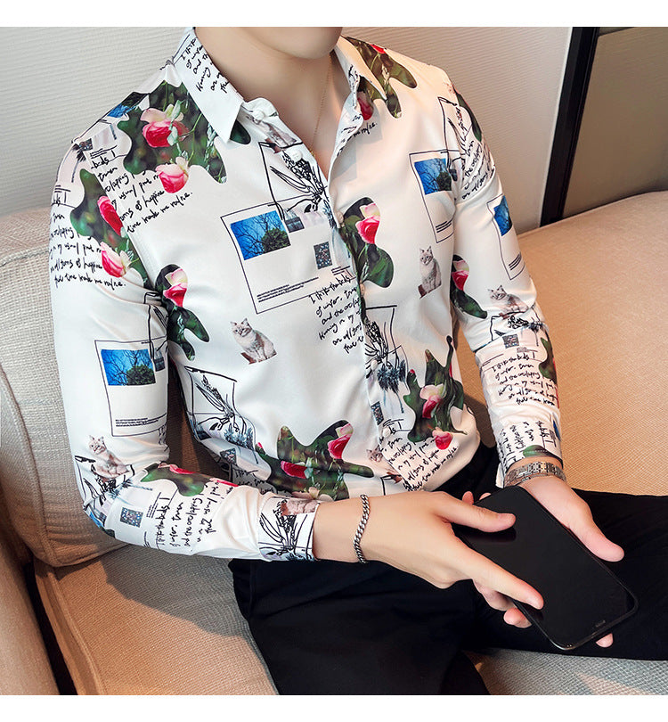 Men Digital Printed Blue Casual Long Sleeve Lapel Shirt