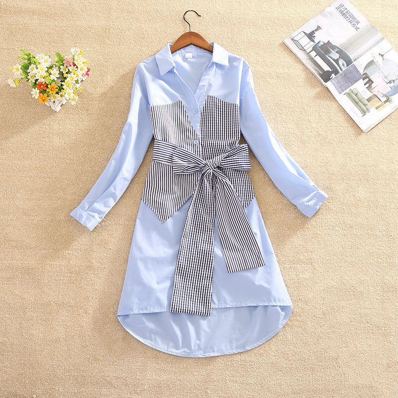 Female Plaid Stitching Shirt Skirt Waist Is Thinner And Bow Knot Asymmetrical Dress