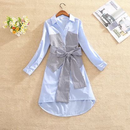 Female Plaid Stitching Shirt Skirt Waist Is Thinner And Bow Knot Asymmetrical Dress