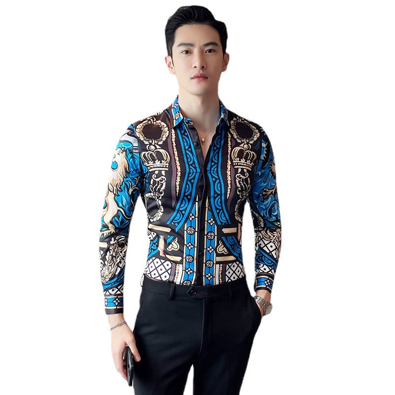 Men Digital Printed Blue Casual Long Sleeve Lapel Shirt