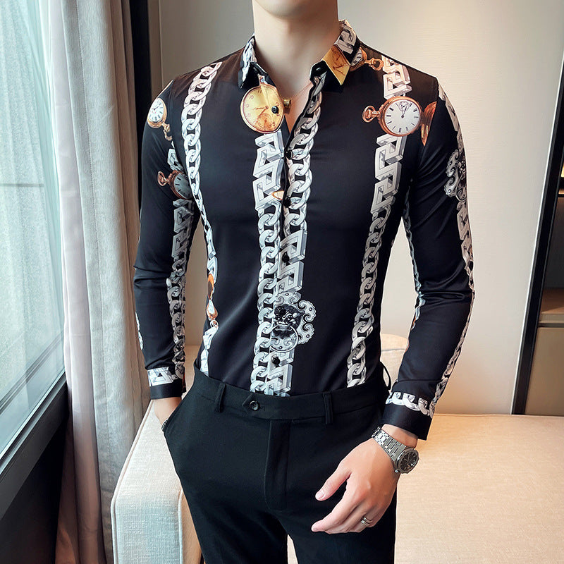 Men British Casual Printed Long Sleeve Lapel Top