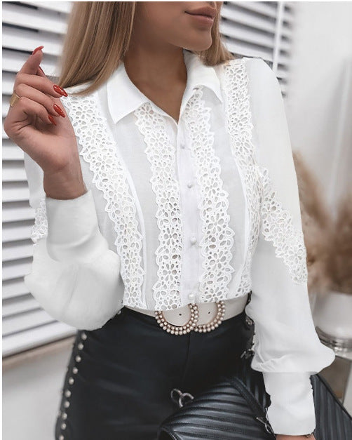 Fashion Lace Long Sleeve V Neck Button Shirt Women