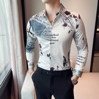 Men Floral Long Sleeve Lapel Collar Casual Printed Shirt