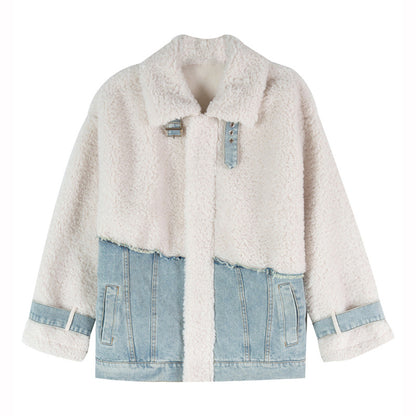 Denim Lapel Lamb Wool Splicing Coat For Women