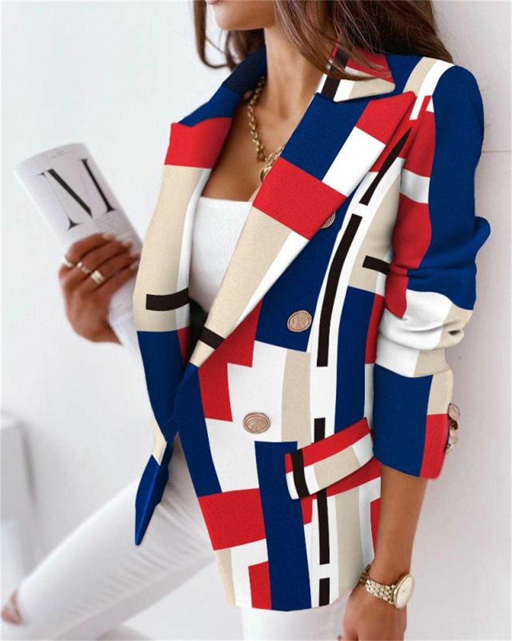 Long-Sleeved Double-Breasted Fashion Print Lapel Coat