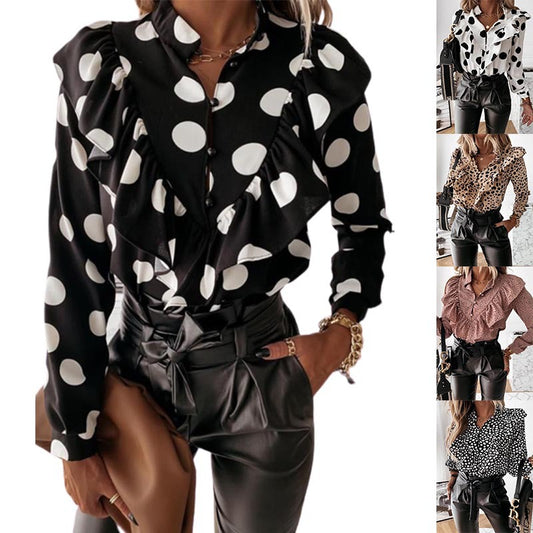 Polka Dot Print Long Sleeve V-Neck Blouse Blouse