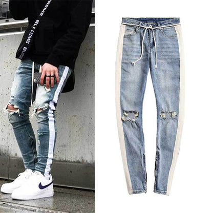 European and American high street trendy Kanye same side stripe BF new cut hole zipper hem slim leg pants jeans