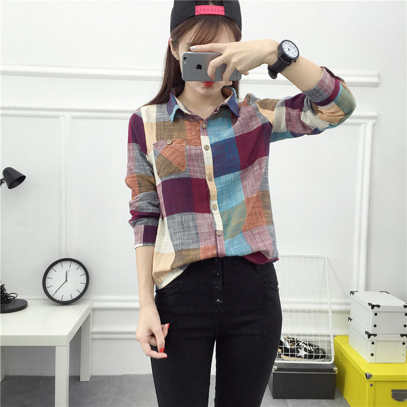 asual Plaid Women Blouses Kimono Vintage Linen Cotton Long Sleeve Blouse Female Shirts Tops