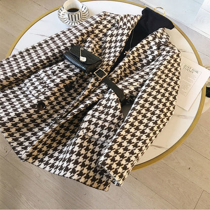 Fashion Small Suit with Waist Bag thousand bird plaid woolen coat thickened loose new autumn and winter coat