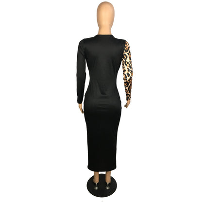 Leopard cutout color-block stitching dress