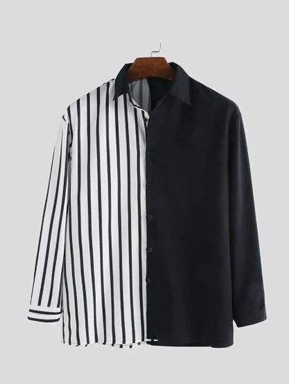 Men's stripe contrast patchwork casual Long Sleeve Shirt