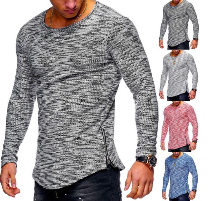 Spring pattern pit strip round neck pattern zip hem T-shirt