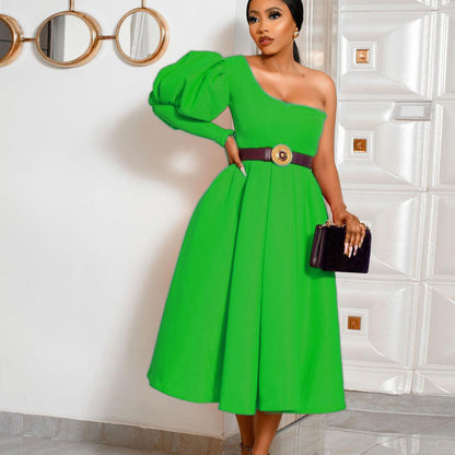 Medium Length Evening Dress With Off-The-Shoulder Bubble Sleeves