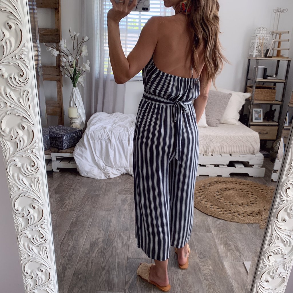 Halter halter sleeveless striped jumpsuit