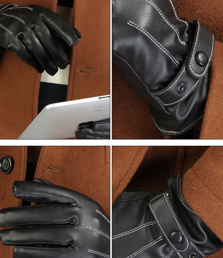 Winter plus velvet warm leather PU outdoor riding sports full touch screen three strips of leather gloves