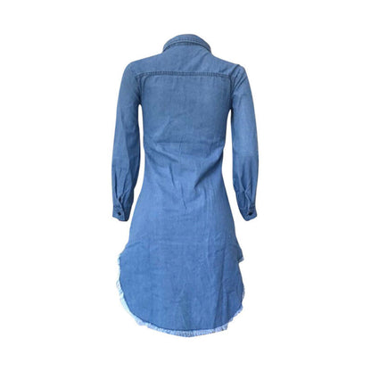 Short Ripped Denim Dress With Fringed Buttons