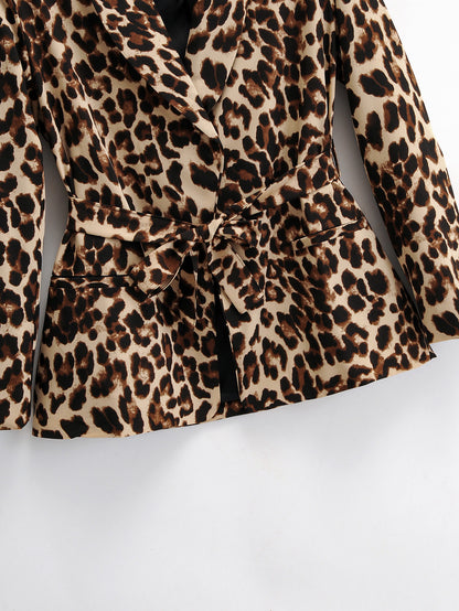 Women's leopard print suit jacket with belt