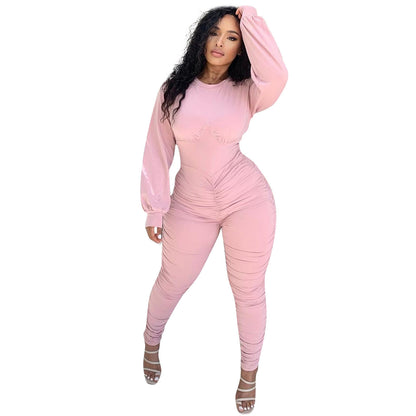 Explosive Casual Solid Color Pleated Zipper Long-sleeved Jumpsuit