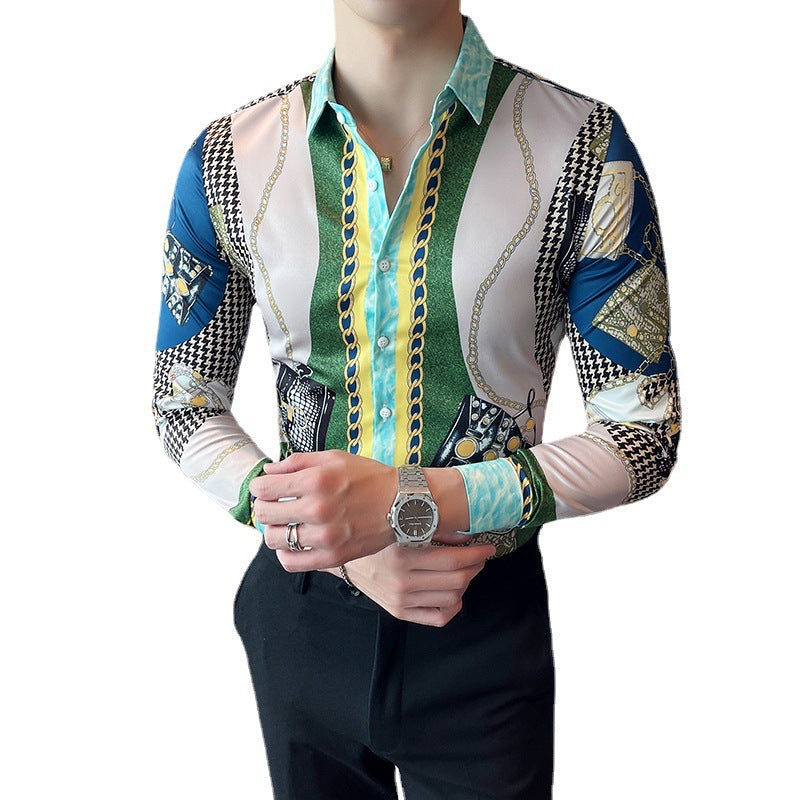 Men Retro Print Thin Long Sleeve Lapel Shirt