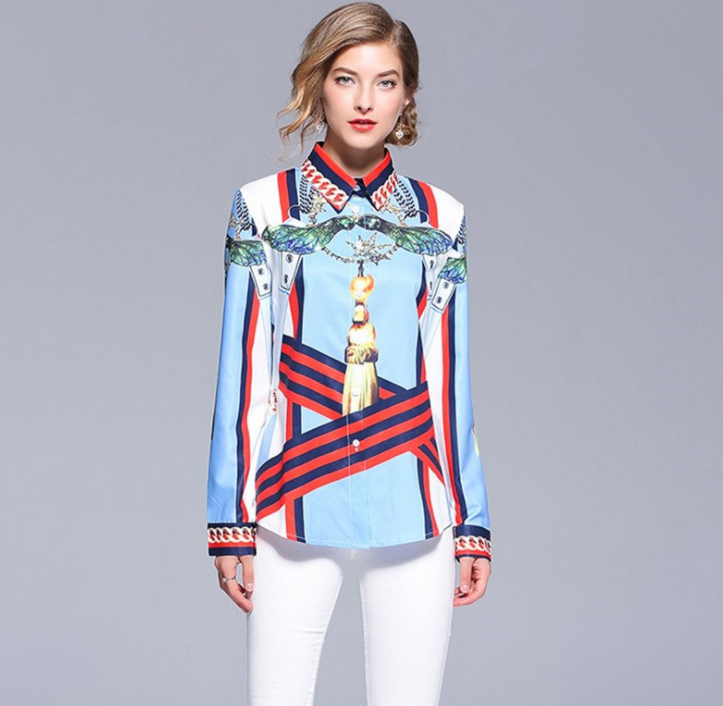 New spring and autumn printed long-sleeved shirt European and American fashion wild bottoming shirt