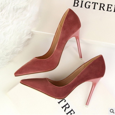 Korean women's shoes fashion simple stiletto with high-heeled shallow mouth pointed suede sexy thin single shoes high heels