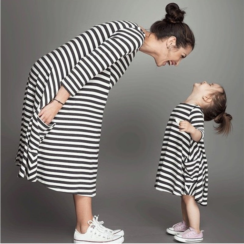 Family Clothing Matching Mother And Daughter Clothes Striped Dresses Long Sleeve Outfits Casual Dress