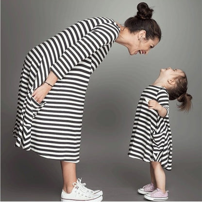 Family Clothing Matching Mother And Daughter Clothes Striped Dresses Long Sleeve Outfits Casual Dress