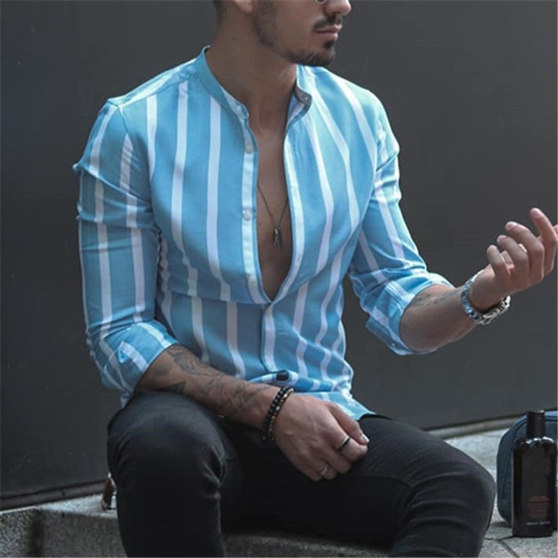 Men's stand collar striped shirt