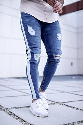 Ripped nostalgic jeans light blue zipper men's jeans