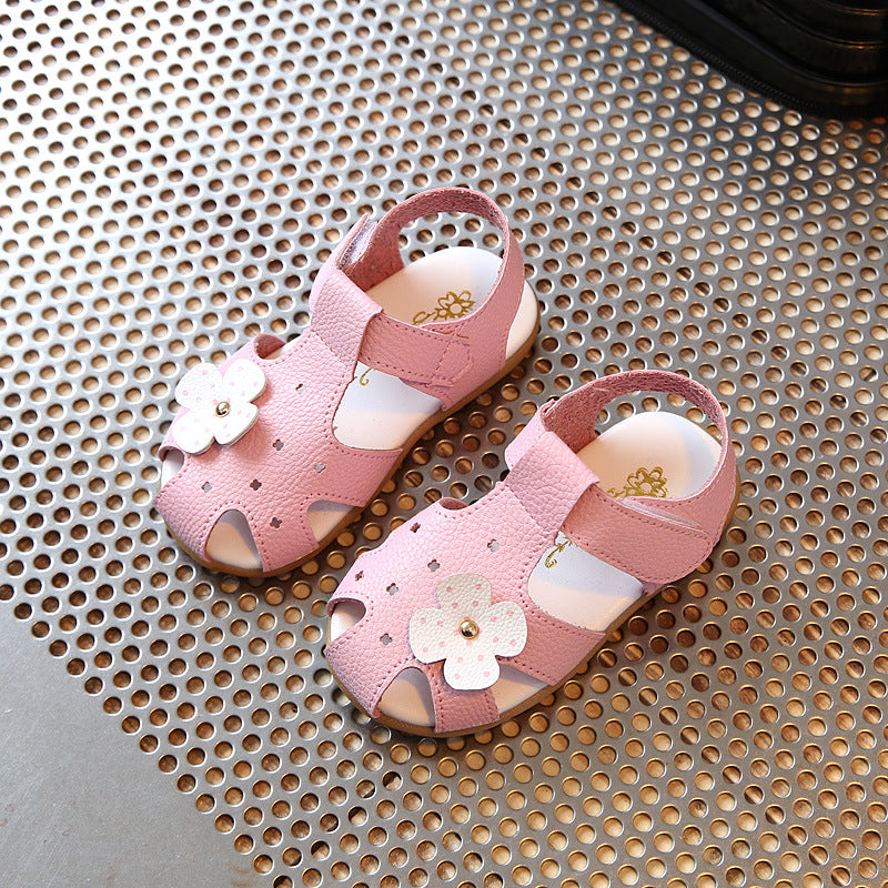 Fashion Solid Color Baotou Children Flower Leather Sandals