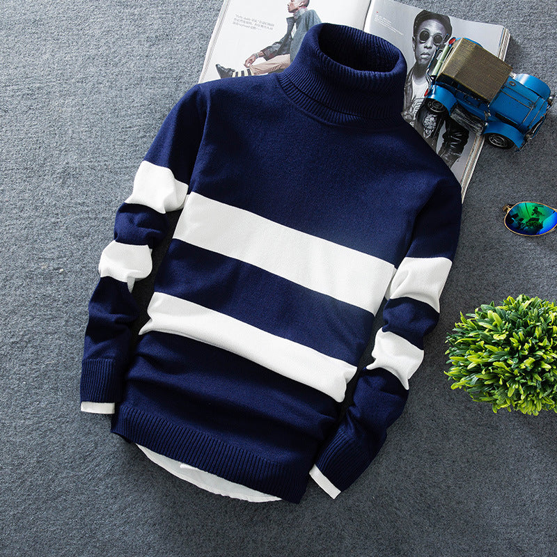 Long-sleeved Colorblock Striped Turtleneck Sweater